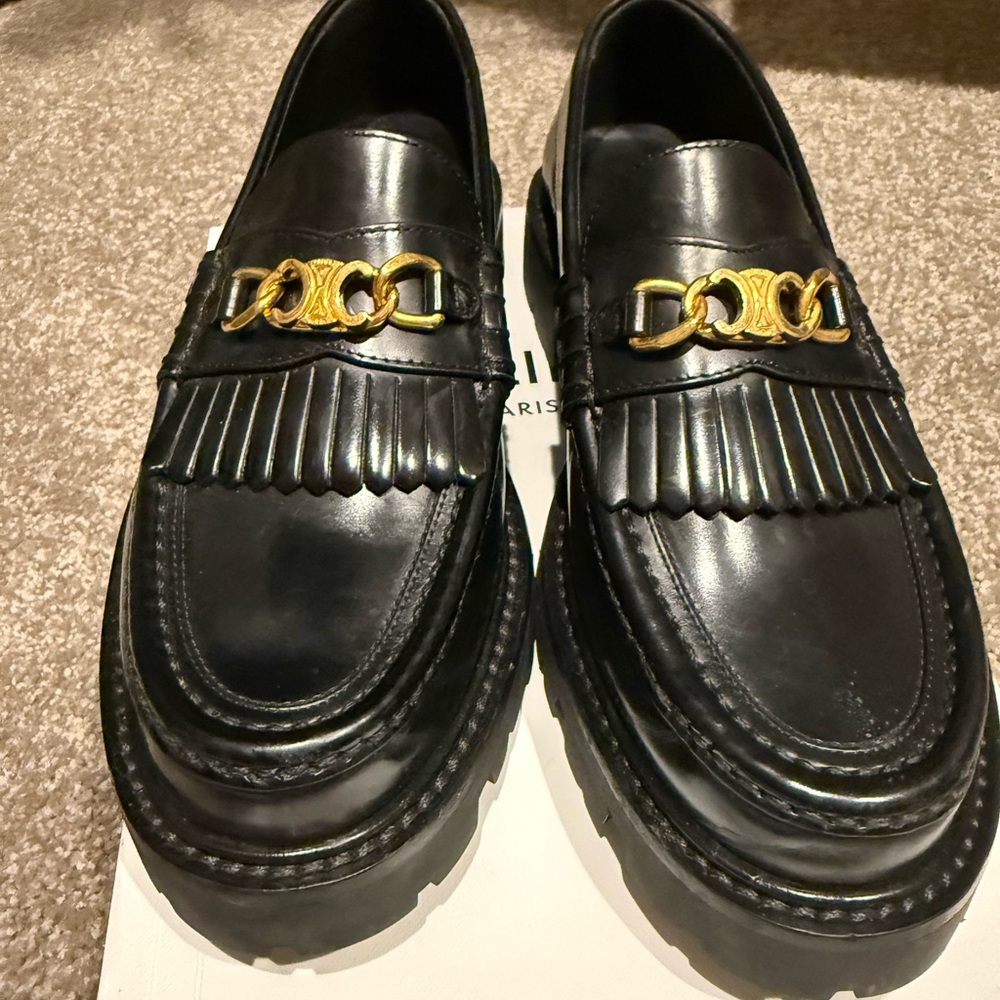Celine Margaret Lug Sole  Leather Slip-On Loafers with Gold Triomphe Accent 37.5 - Picture 3 of 8